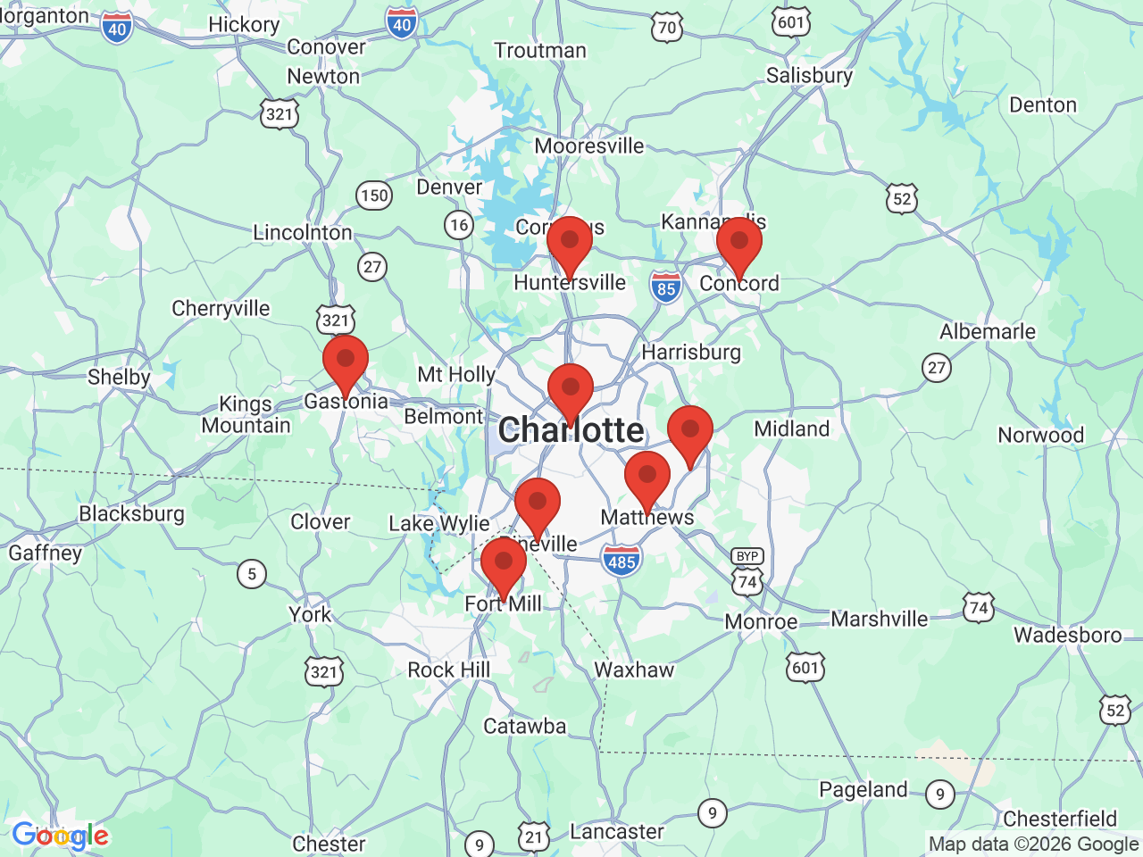 Map of service areas around Charlotte, NC